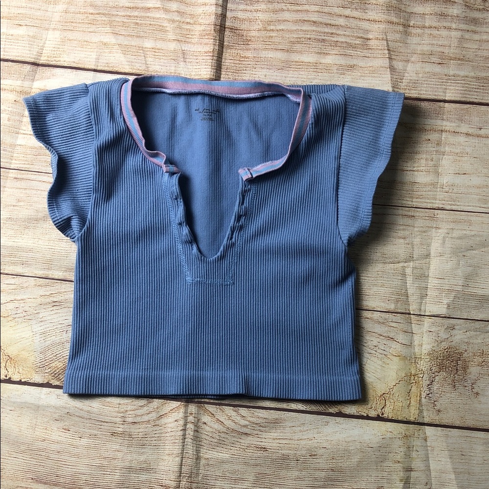 Urban Outfitters Blue Ribbed V-Neck Crop Top with Fluter Sleeves